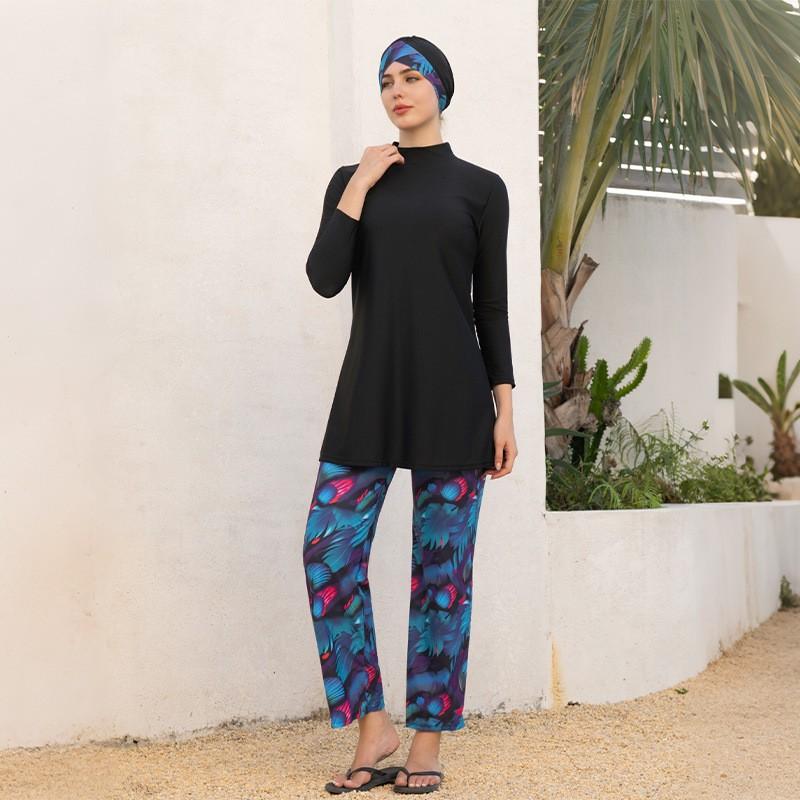Modest Plus Size Muslim Swimwear Set Women Long Sleeve Rash Guard Wide-Leg Pants Hijab Cover-Up