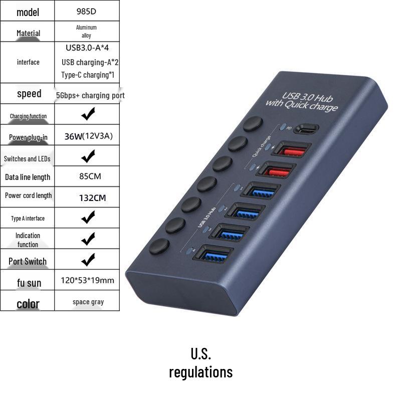 10-Port USB 3.0 Hub with Independent Switches and High Current Expansion Dock