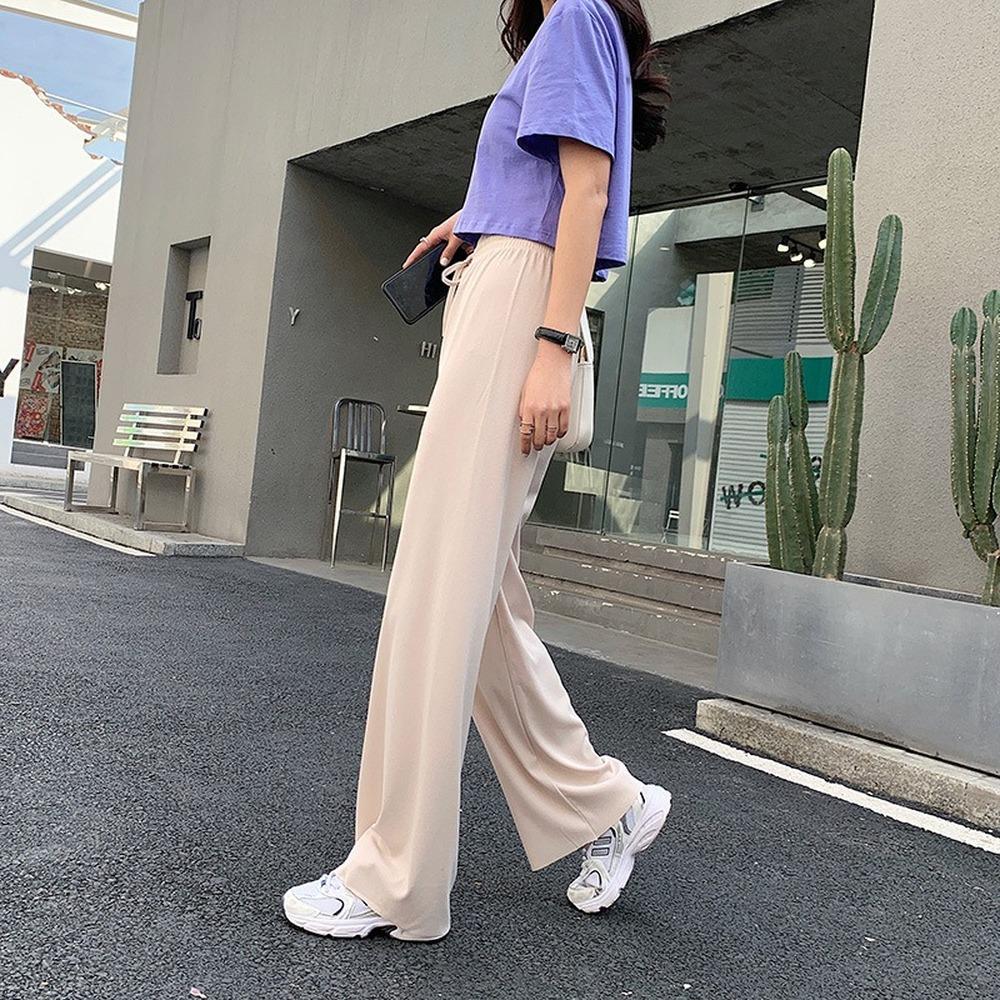 Summer Ladies Ice Silk Light Wide Leg Trousers Girl Solid Color High Waist Loose All-match Straight Casual Pants