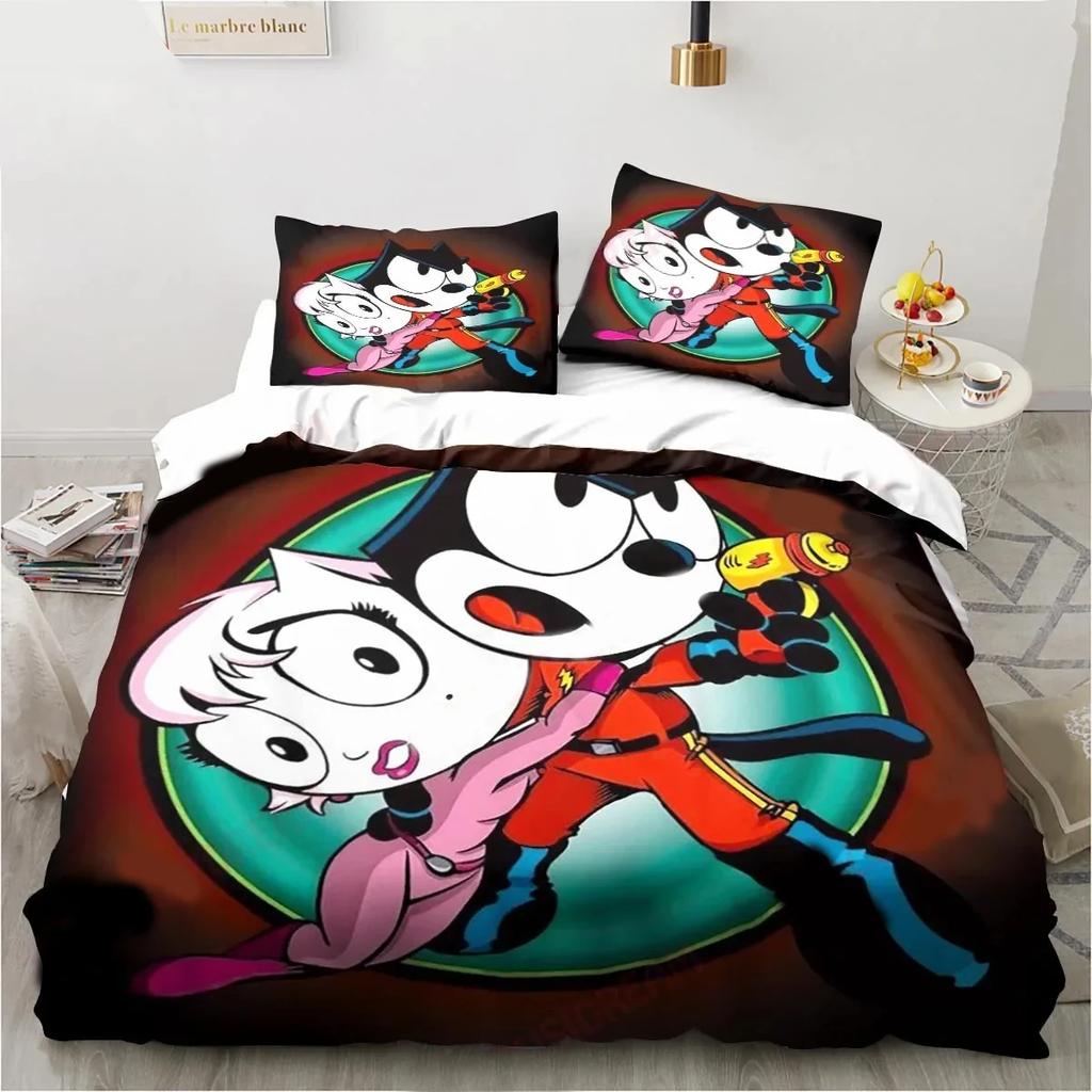 Set Biancheria da Letto Cartone Animato Carino F-Gatto Felix, Copripiumino Trapunta Set Letto Copripiumino Federa, Matrimoniale Queen Singolo Size Bambini Ragazzi Adulti