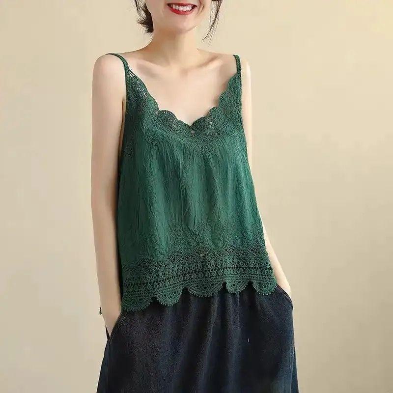 Summer Vintage Lace Hollowed Out Hook and Loop Cotton Vest Thin Camisole Top Sleeveless Inner and Outer