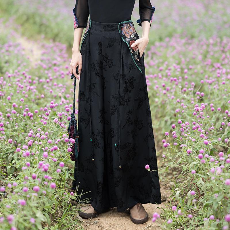 Women's Ethnic Style Embroidered Wide-Leg Pants - Casual Retro Long Trousers
