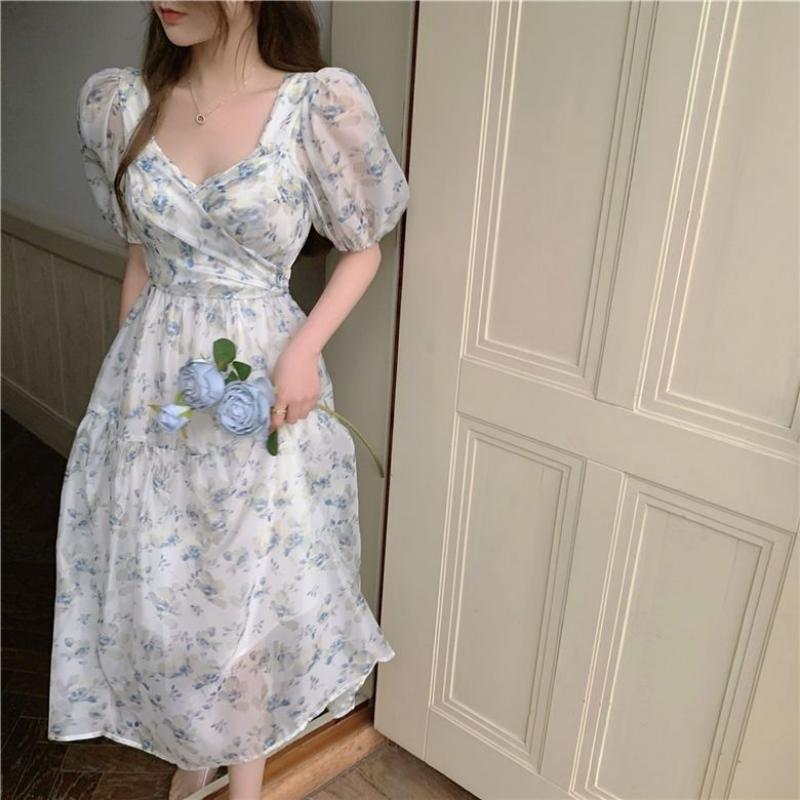 Patchwork Print Chiffon Dress Super Fairy French V-neck Short Sleeve Floral Dress Mid-length Waist Skirt Peplum Bubble Sleeve Dresses