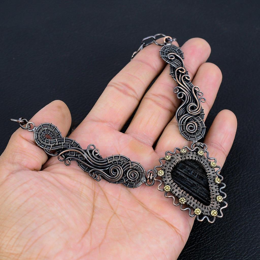 Black Tourmaline 999 Copper Wire Wrapped Necklace with Adjustable Chain, Handmade Gemstone Jewelry Necklace For Memorial Day