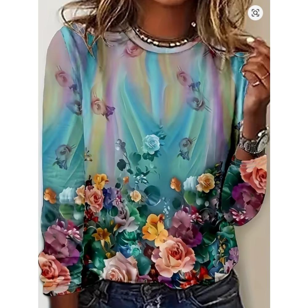 Ladies' Casual 3D Printed Striped Long Sleeved T-shirt - Round Neck Loose Fit