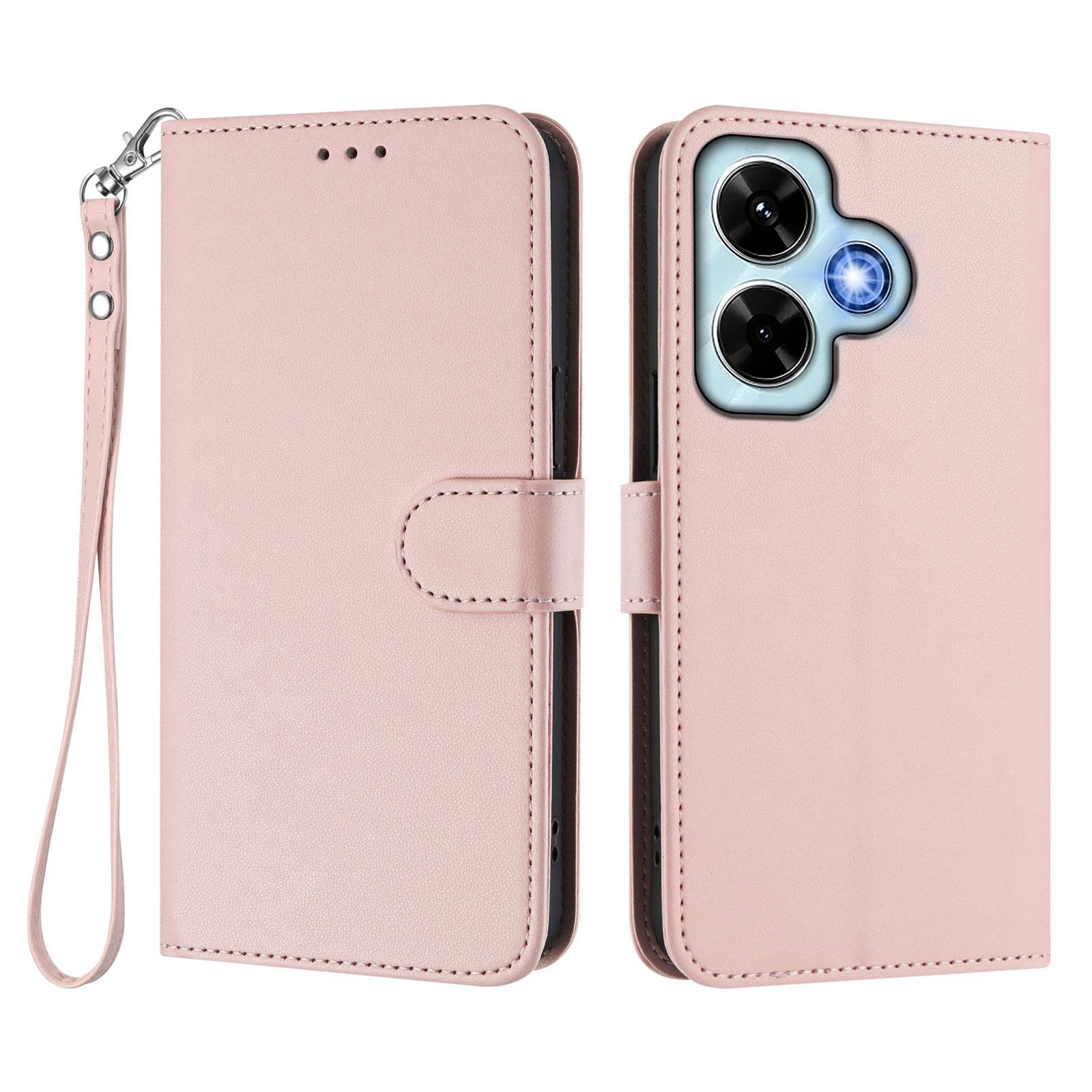 

For Xiaomi Redmi Note 13 4G Leather Case Wallet Stand Phone Cover with Wrist Strap Pink