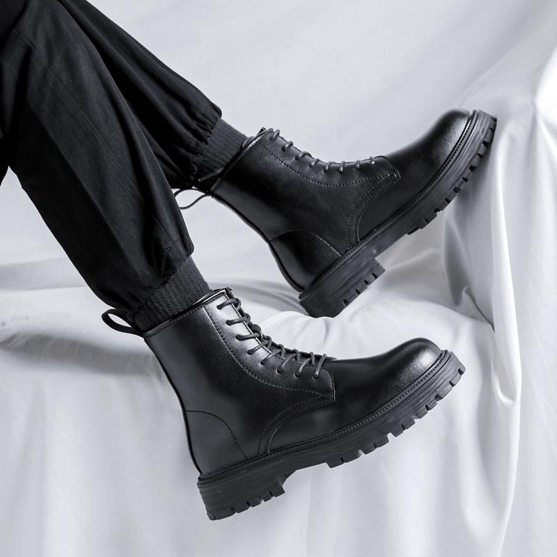 Men Fashion Motorcycle Boots Black Tide Lace-up Platform Shoes Cowboy Genuine Leather Boot Street Cool High Top Botas Masculinas