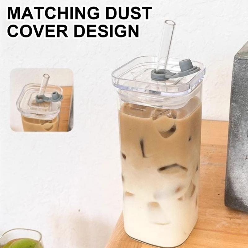 Heat Resistant Glass Cup with Straw 350ML Cold Drinks Cup Juice Cup Milk Cup with Lid Glass Texture Suitable for Drinks