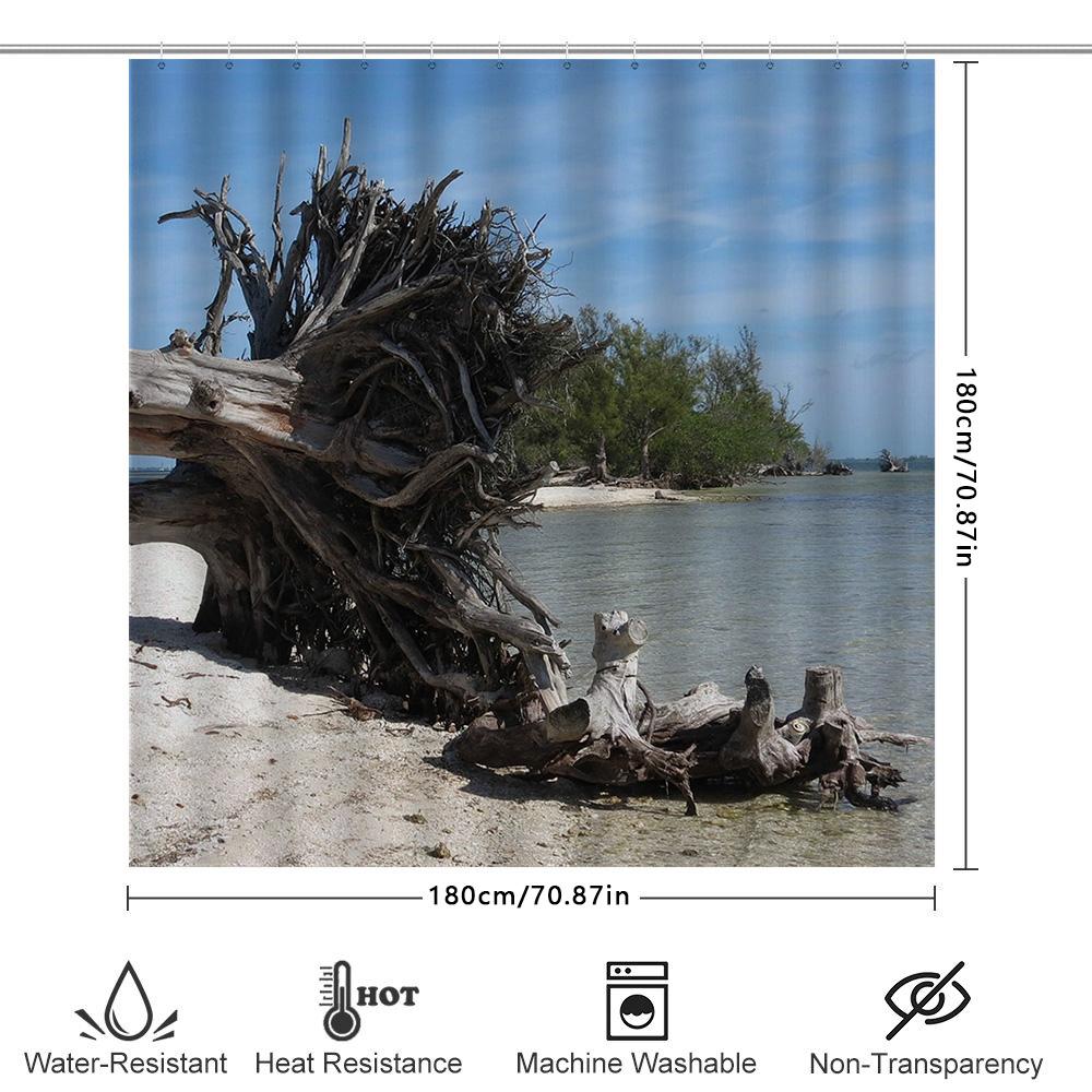 Beach Wood Log Shower Curtain Waterproof Bathroom Decor Blue Sky Tree Trunk Print Fabric Shower Panels Bathtub Liner Decoration