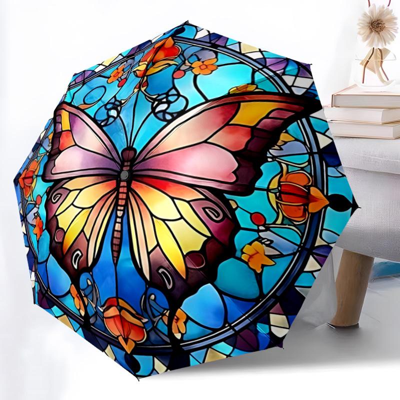1pc Butterfly StainedGlass Automatic Folding Umbrella   Compact 8 Rib Design, Durable Iron Frame for Travel, Outdoor,  a0920090