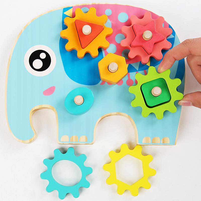 Children's Educational Toy Geometric Shape Matching and Inserting Column Wooden Building Blocks Gear Set Early Learning Toys