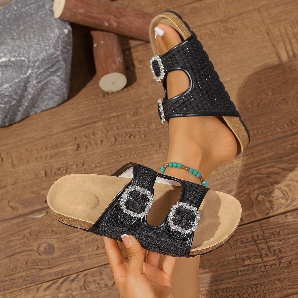Fashion Women Slippers 2025 Summer Beach Cork Slippers Casual Non-slip Sandals Clogs Slides Women Slip on Double Buckle Shoes Women