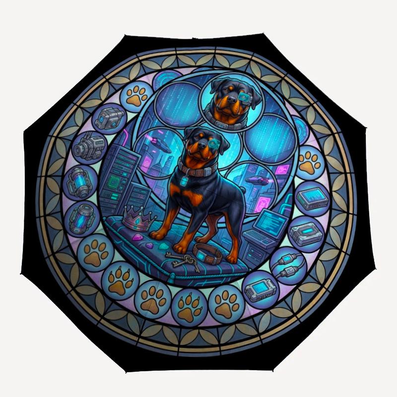 Cybernetic Canine Crown pattern umbrella, portable and foldable design, 8 ribs, a casual accessory for Halloween, Christmas, and birthday gifts.