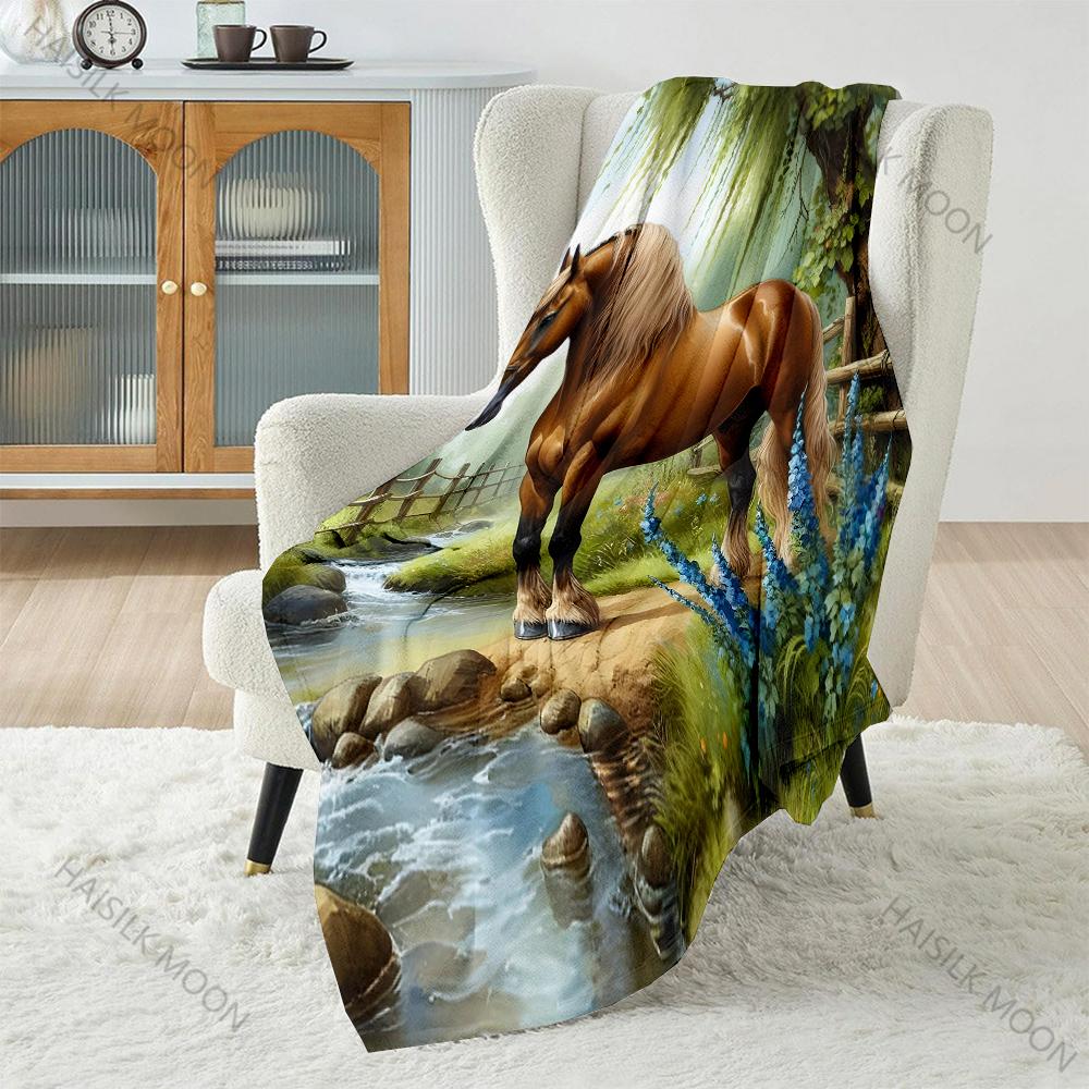 Multi-Sizes Horses By The Stream Print Blanket Warm Soft for Sofa Bed Home Travel Camping Blanket All Seasons Luxury Gifts