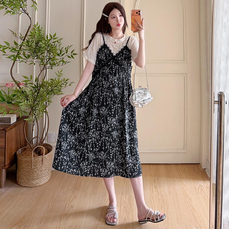 Summer Maternity Faux Two-Piece Floral Print Loose Plus Size Elegant Slimming Dress XL