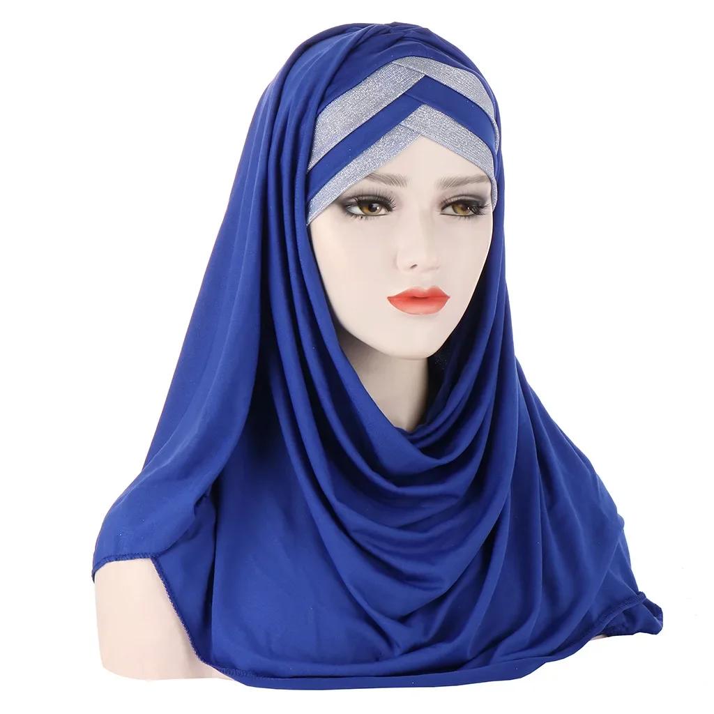 Sofort-Hijab Jersey-Hijabs Für Frauen Kreuz Stirn Pailletten-Turban Muslimische Frauen Hijab-Schal Türkischer Baumwoll-Hijab Für Frauen