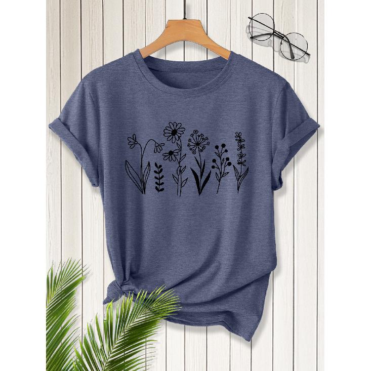 2026New SpringSummer Women's Round Neck Minimalist Line Drawing Floral Print Short Sleeve T Shirt Vintage distressed casual top Soft Knit Fabric