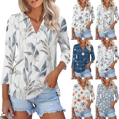 Women's 3/4 Sleeve T Shirts Summer V Neck Shirts Collared Casual Basic Tees Blouse