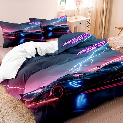 3pcs Art Style 3D Laser Car Pattern Duvet Cover Set (1 * Duvet Cover + 2 * Pillowcases, Core Not Included), Laser Car Printed