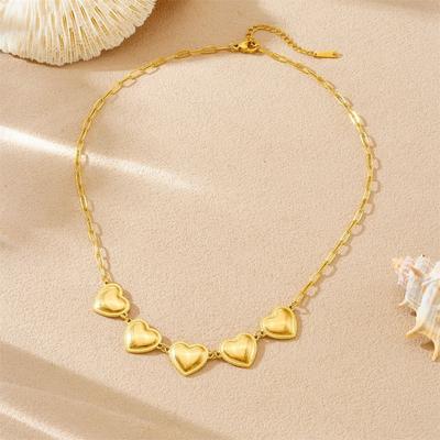 Gold Paperclip Chain Necklace with Five Heart Lightweight Women Fashion Necklace