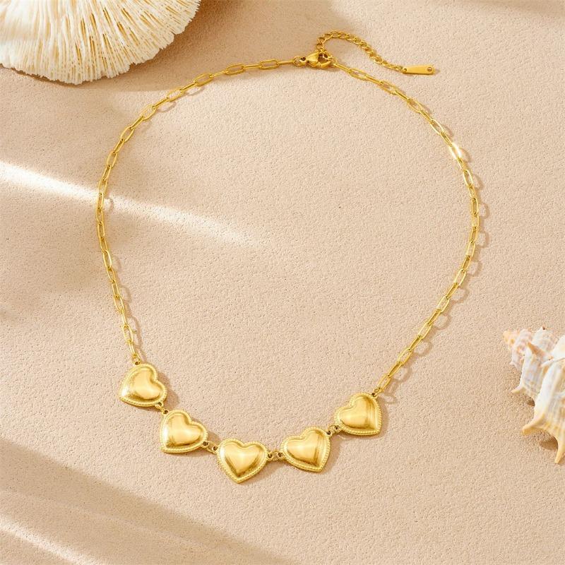 Gold Paperclip Chain Necklace with Five Heart lightweight women fashion necklace золотой