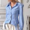 Lapel Collar Striped Blouse Irregular Hemline Women Shirt Versatile Stripe Slim Shirt  Street Wear