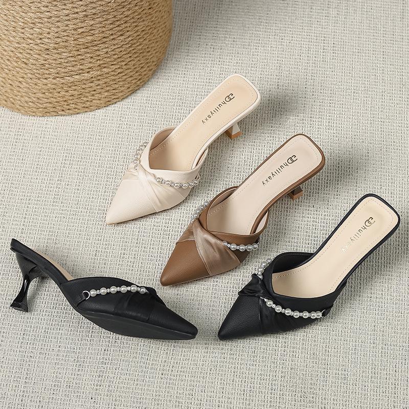 Huiliya Baotou Pointed Toe Women's Pearl Chunky Heel Mules 912-D86