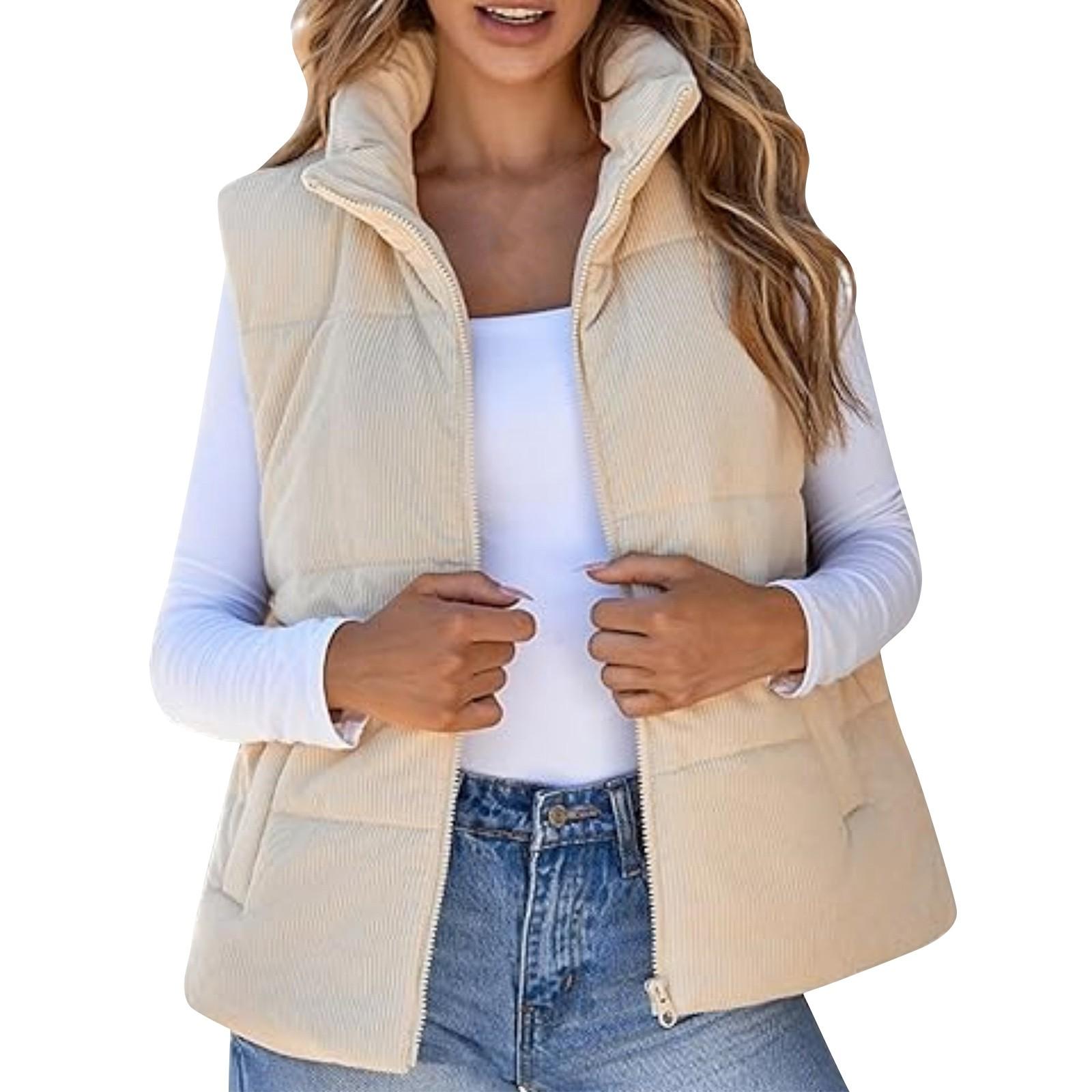 Women s Fashion Casual Sleeveless Thickened Vest Outerwear Zipper Front Padded Waistcoat Quilted Lightweight Warm Jacket XL бежевый