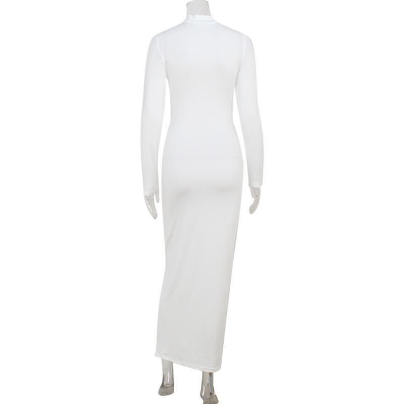 Women Hollow Out Solid Color Slim Fit Long Sleeve High Waist Bodycon Long Dress