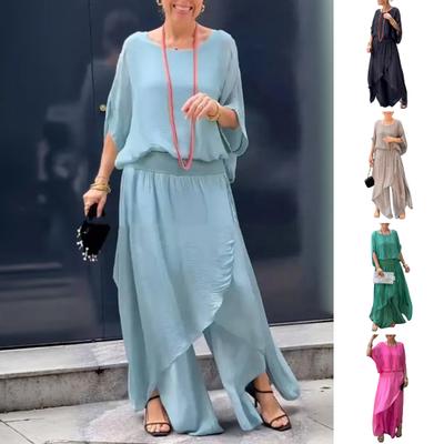 Kadın Günlük İki Parça Şifon Takım Büyük Beden Gelin Annesi Şık Takım Elbise Yuvarlak Yaka Üst Geniş Paça Pantolon Uçuşan Düğün Konuğu Kıyafeti