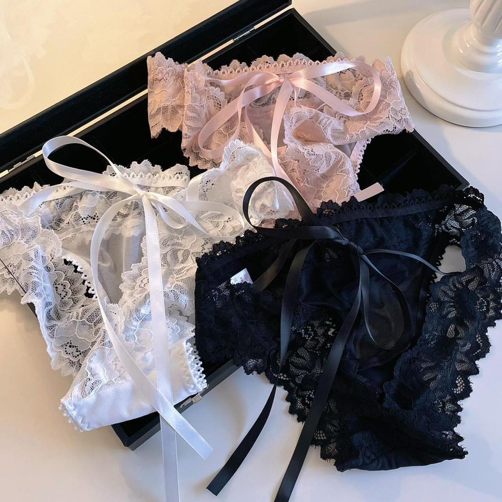 Women's Low Waist Lace Bowknot Panties with Tie-Up and Cutout Design