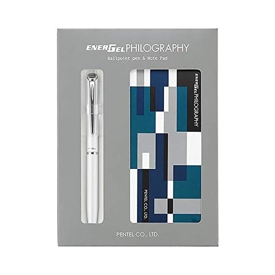 Pentel EnerGel Philography White with Notepads BLN2005WG3 Gel Ink Ballpoint Pen Set, 0.5mm, Black