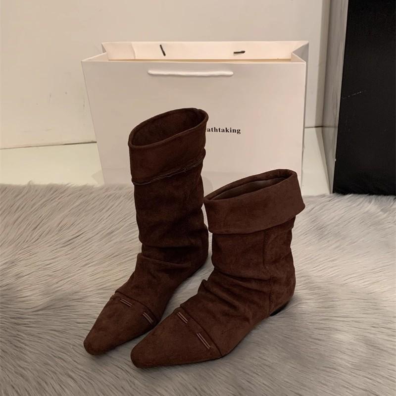 Niche design foldable two-wear pointed boots 2025 early autumn new versatile pleated piled boots knight boots women