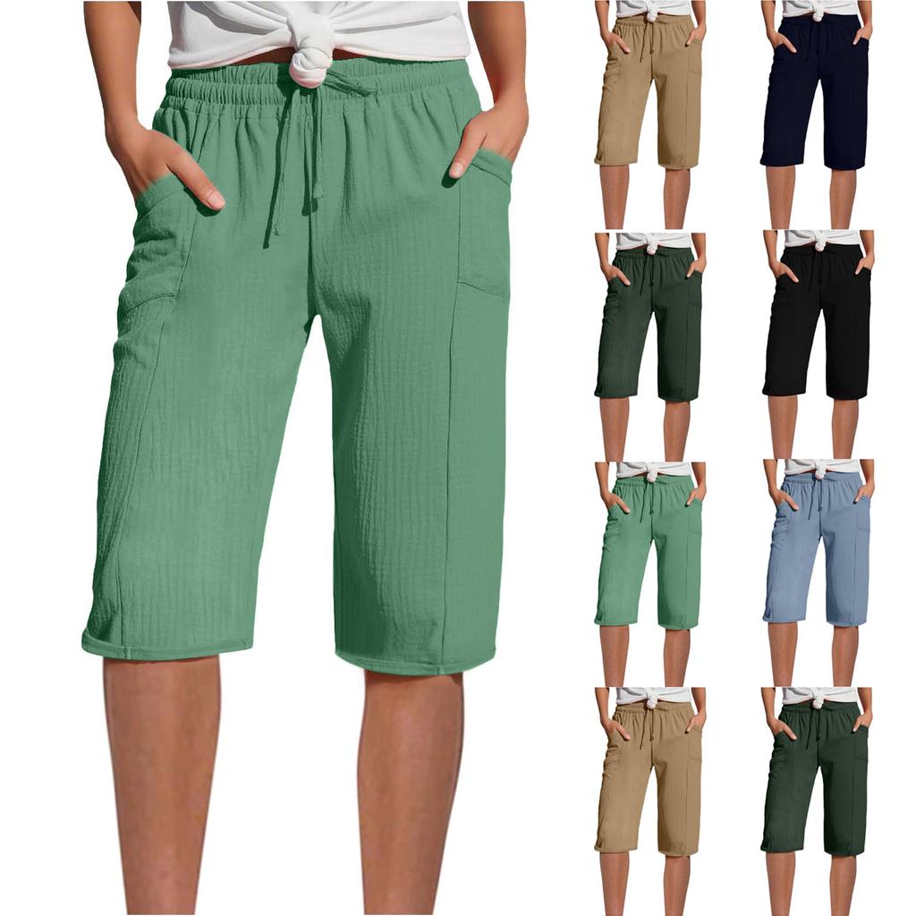 Women's Summer Linen Shorts - Elastic Waist Pleated Pocket Casual Capris