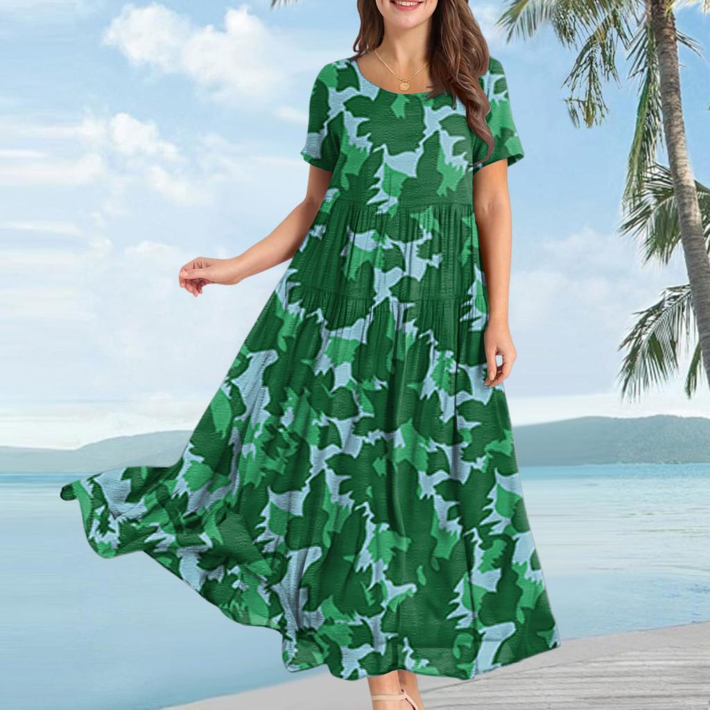 Women Casual Loose Bohemian Floral Dress Short Sleeve Long Maxi Summer Beach Swing Dress