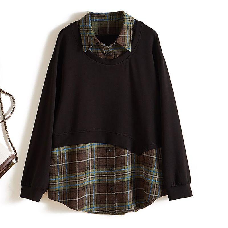 

Scandinavian Super Star Style Fake Two-Piece Tops Clothes Outwear! Women s Air Cotton Patchwork Plaid Contrast Color Shirt Spring & Fall Winter Wear Black 3XL