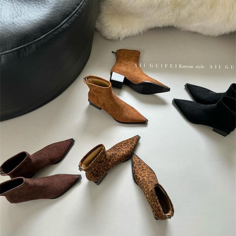 Leopard print pointed head thick heel suede short boots women's fashion versatile winter new sexy babes thin boots