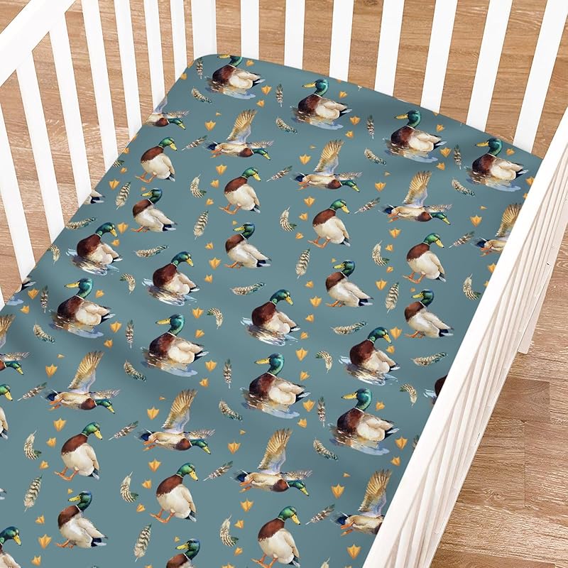 Woodland Wild Animals Hunting Crib Sheets for Girls and Boys 52"x28" Hunting Deer Duck Leaves Crib Mattress Sheet Soft Breathable Nursery Bed Sheet