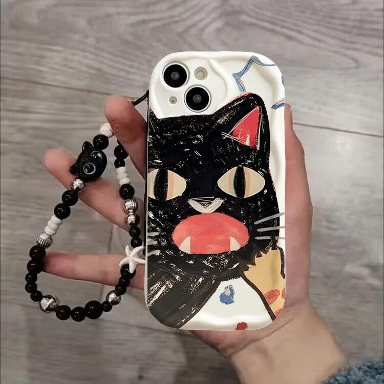 Cute Black Cat Bracelet Chain Case For Samsung Galaxy S25 Ultra S22 S21 S20 Plus S21FE S20FE S25FE A31 Y2K Soft Wave Side Cover