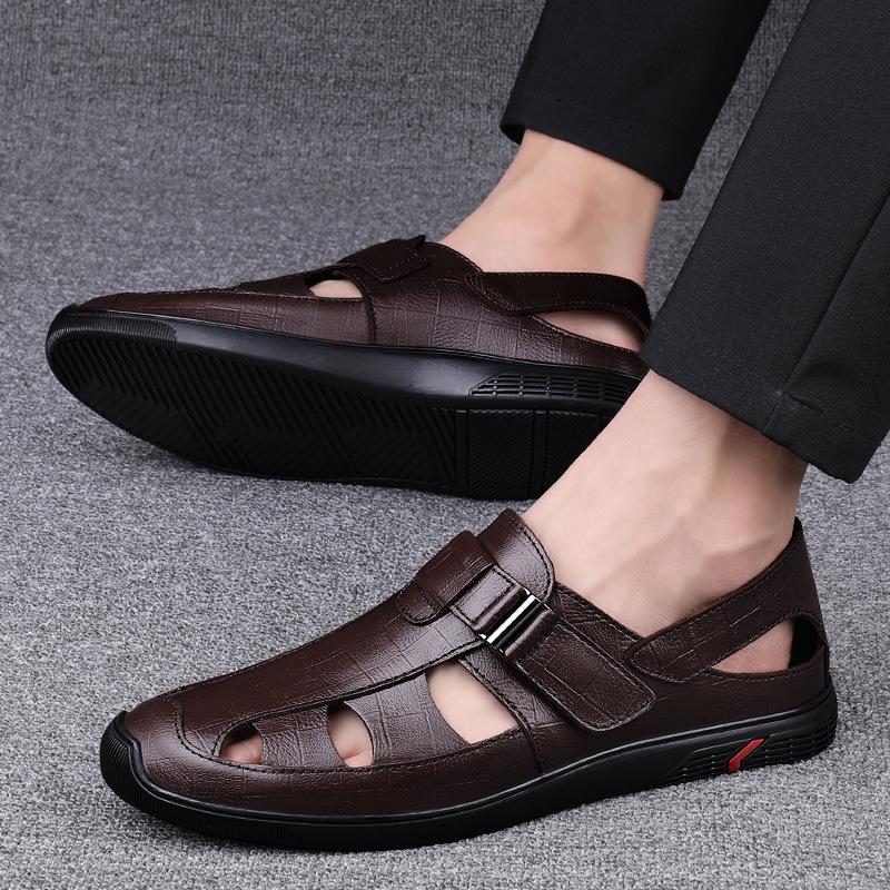 

Sandals men s summer bag head hole shoes cover feet first layer cowhide men s shoes large size dad shoes casual leather shoes men 45 коричневый