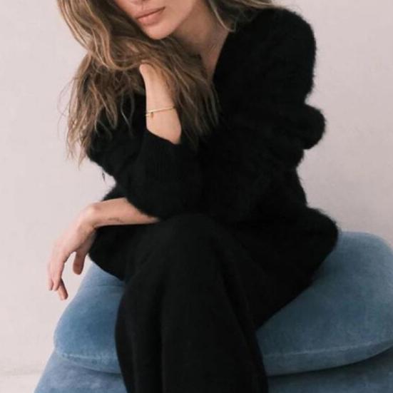 Women Knitting Coat V-Neck Long Sleeve Solid Color Single Breasted Sweater Coat Loose Fit Stretchy Outwear