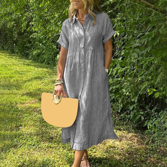 Striped Lapel Button Down Shirt Dress with Pockets Summer Casual Short Sleeve A-line Long