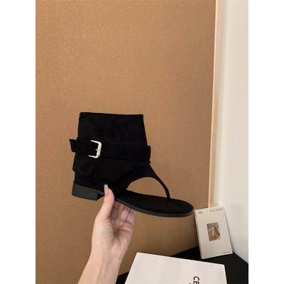 Salto grosso bico cáqui botas frescas botas curtas botas femininas 2025 novo verão com saia botas western sandálias de verão
