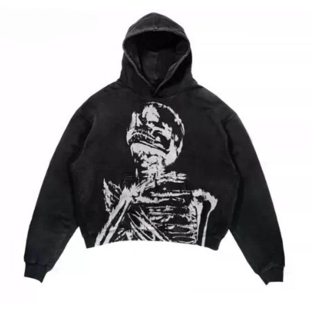 ZYLLO Punk Style Skull Washed Long Sleeve Pullover Hoodie Hip Hop Retro Street Loose Oversized Sweatshirt Harajuku Gothic Top