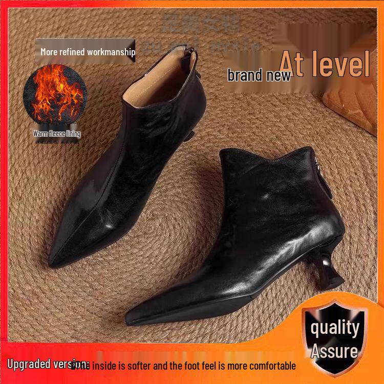 Women's V-Cut Stiletto Heel Ankle Boots, Pointed Toe, Fleece-Lined, Back Zipper - 2025 Autumn/Winter Collection.