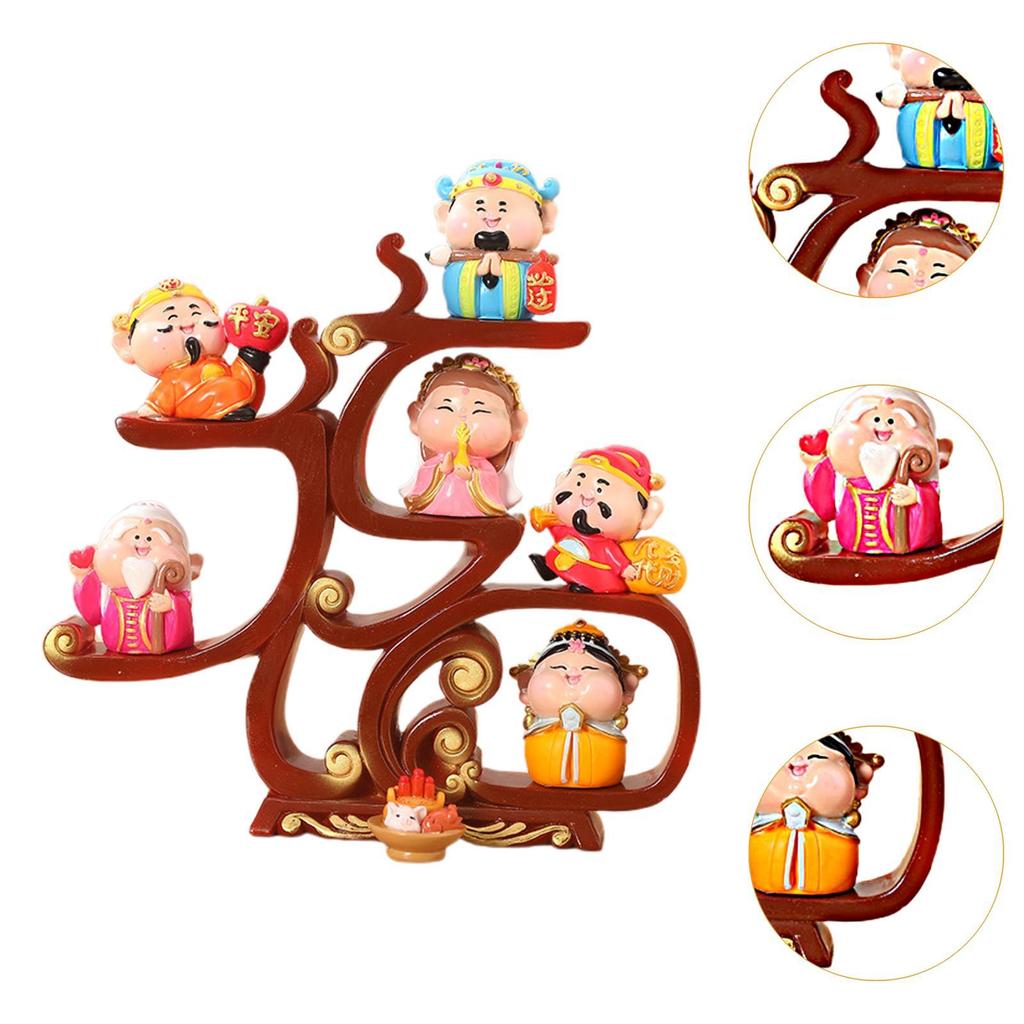 6Pcs Fortune Gods Figurines with Offerings Spring Festival Decor Hand Painted Happy New Year Ornament Desk Sculptures Statues