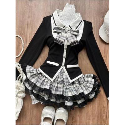 Autumn Winter Bow Lapel 2-piece Set Women Design Vintage Long Sleeve Slim Patchwork Tops + Thin High Waist Ruffle Skirt Suit New