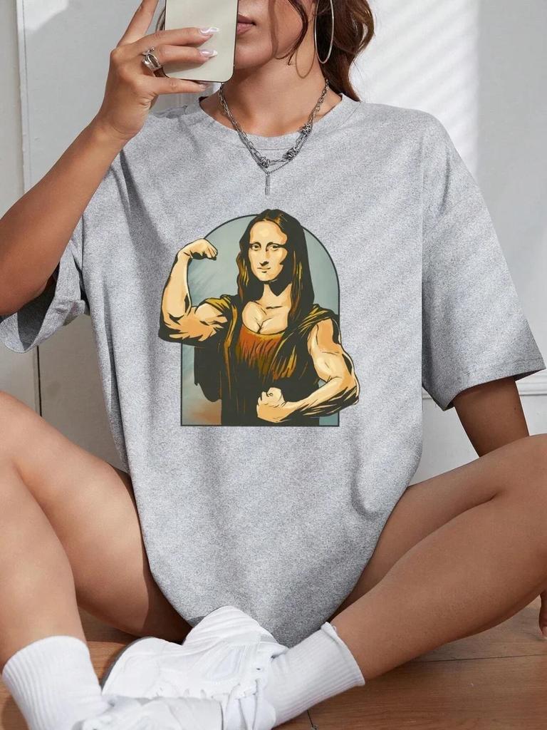 Playing Pranks on Mona Lisa Fitness Print Womens Unisex T Shirt Casual T-Shirt Casual Short Sleeve Loose Tshirt