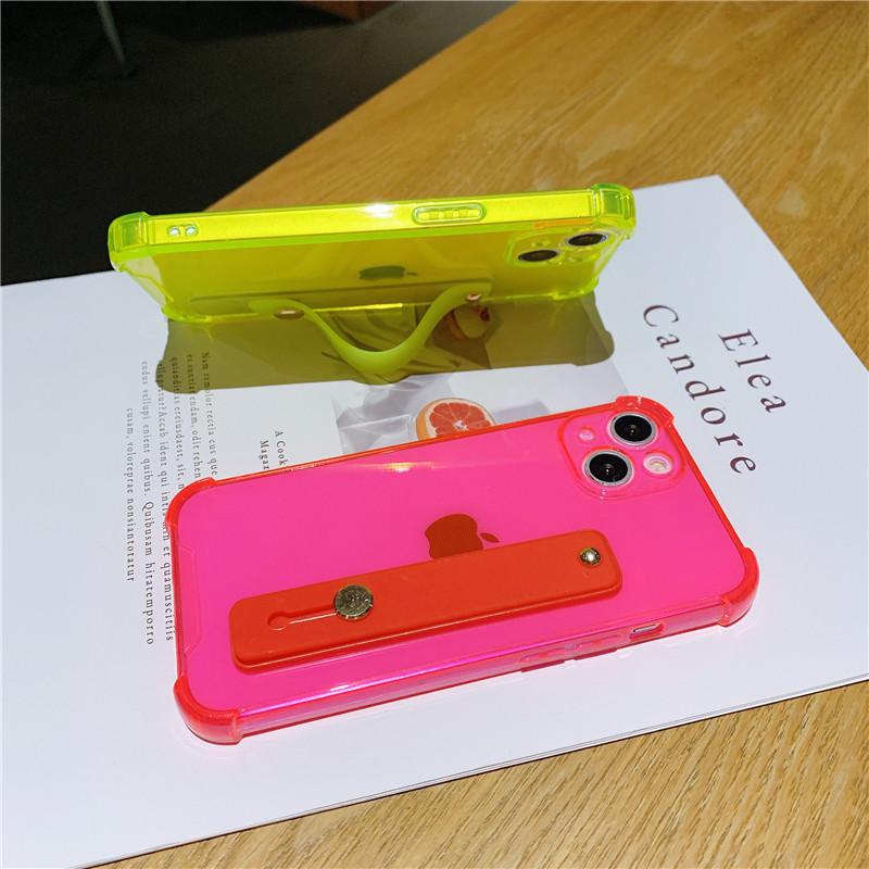 Wrist Strap Fluorescence Shockproof Case For Iphon 13 12 11pro Max Xr Xs Max X 7 8 Plus Transparent Soft Stand Holder Back Cover