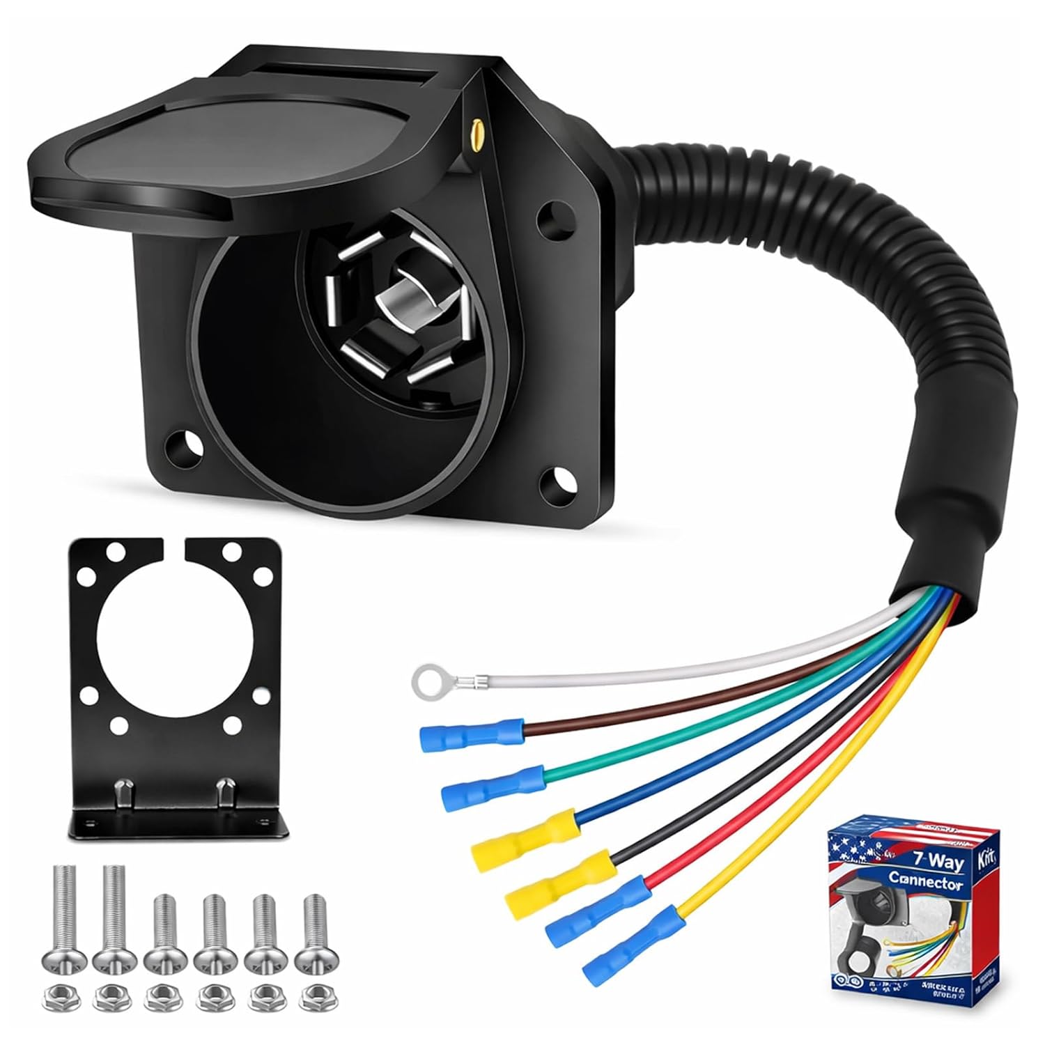 

7 Way RV Trailer Light Connector Socket 7 Pin Wire Electrical Trailer Adapter Quick Converter with Mounting Bracket, Truck End Quick-Install 7 Prong 1pc
